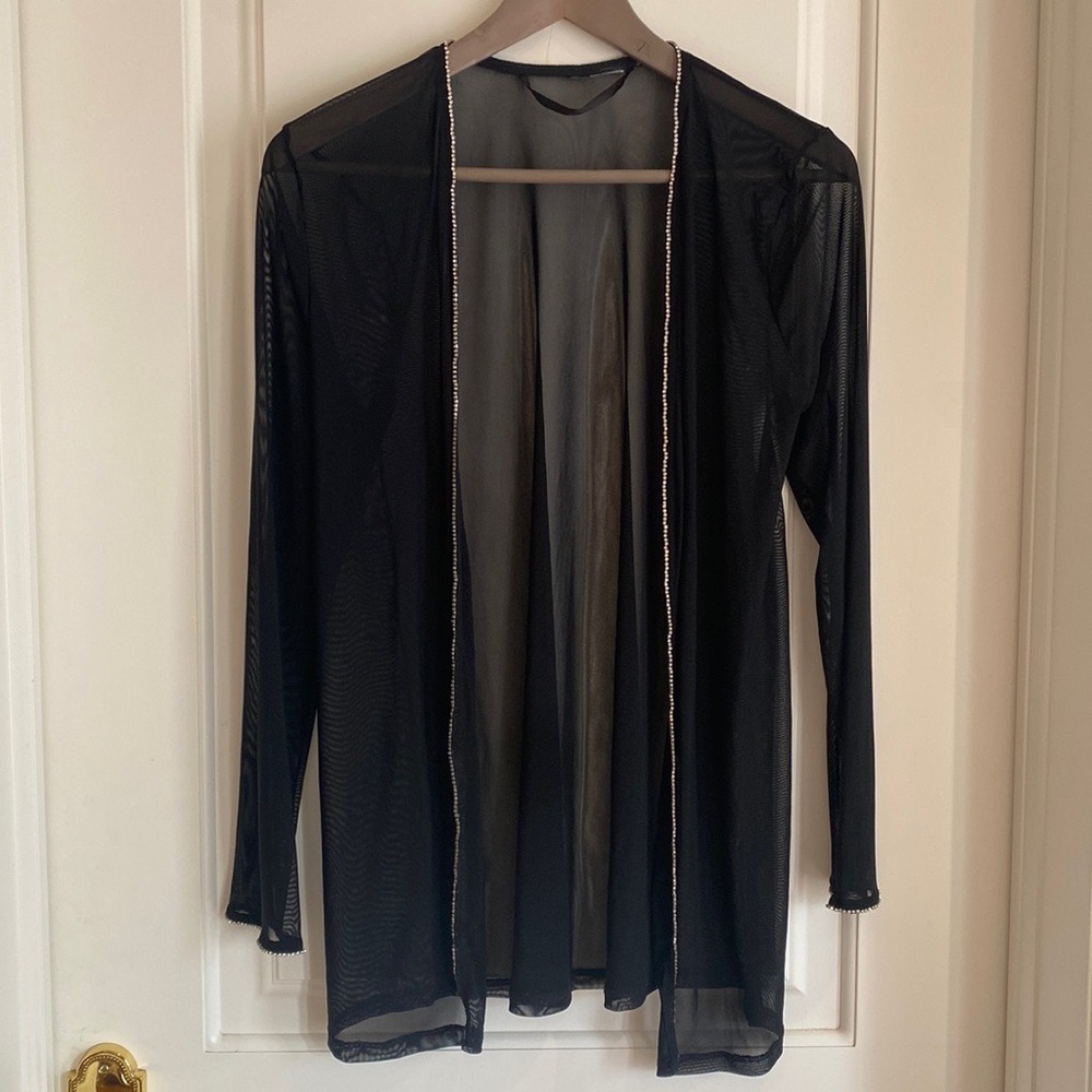 Black SEDUCTIONS  Sheer Long Sleeve Shirt with RhineStones Front & Cuffs Small
